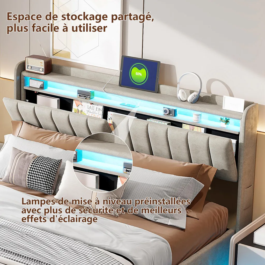 Lit Coffre 160x200 cm Gris avec LED, USB et Rangement Tête de Lit