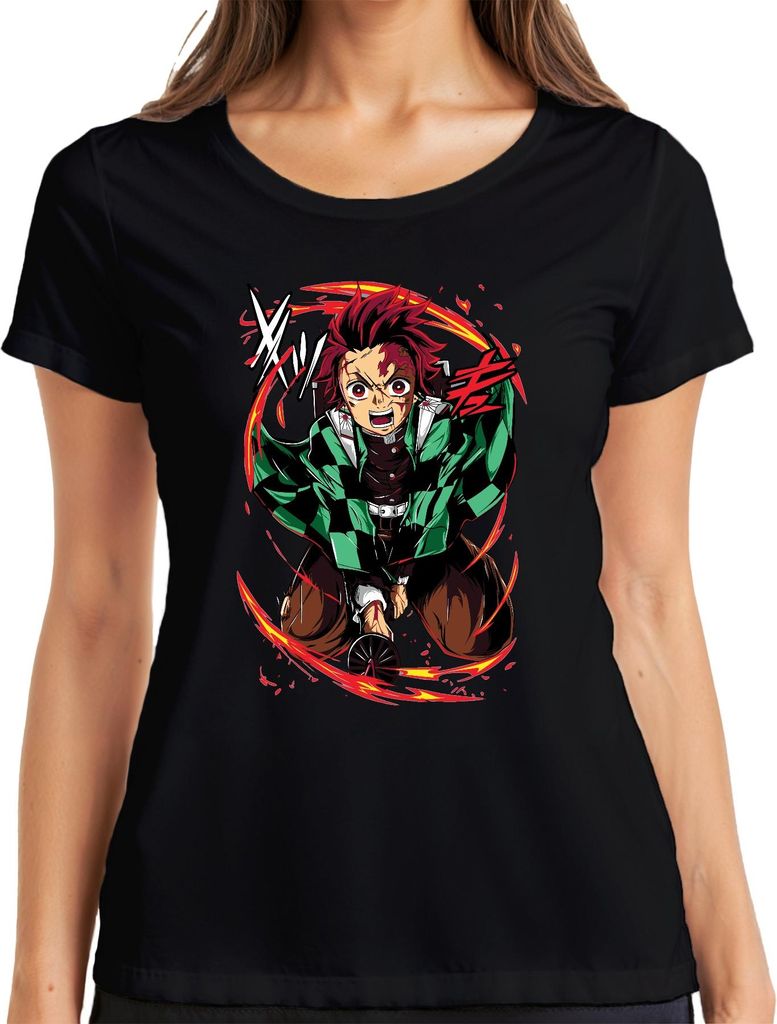 Tanjiro Kamado Dämonenjäger Schwert Flammen Anime Geschenk Damen T-Shirt, Schwarz, M