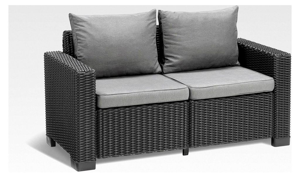 Allibert California 2-Sitzer Gartensofa für Balkon und Terrasse, mit Sitzauflagen und Rückenkissen, runde Rattanoptik, Lounge Gartenmöbel, Graph...