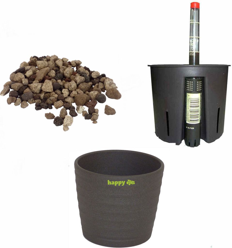 Set4 4 teilig für Erdpflanzen Blumentopf Keramik Maui 13/12 anthrazit Ø 16 cm H 13,5cm + Kulturtopf + Wasserstandsanzeiger + Langzeitsubstrat