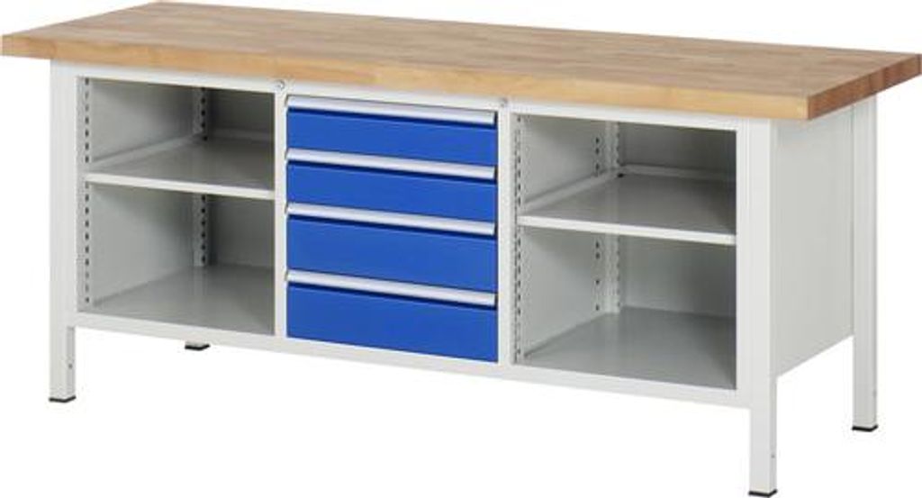 Werkbank mit 4 Ablageböden - 4 Schubladen - Vollauszug - 120:2 / 150:2 - 840 x 2.000 x 700 mm (HxBxT) - Traglast 1.250 kg