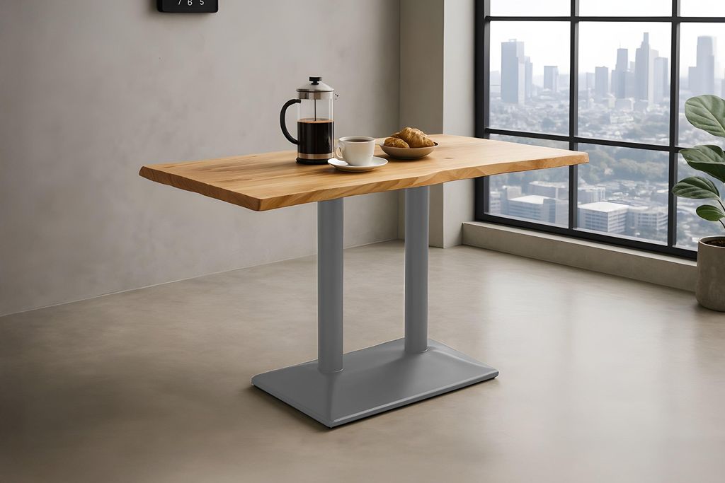 Bistrotisch Baumkante massiv Akazie natur 120 x 60 cm Mittellfuß Silber ISLA