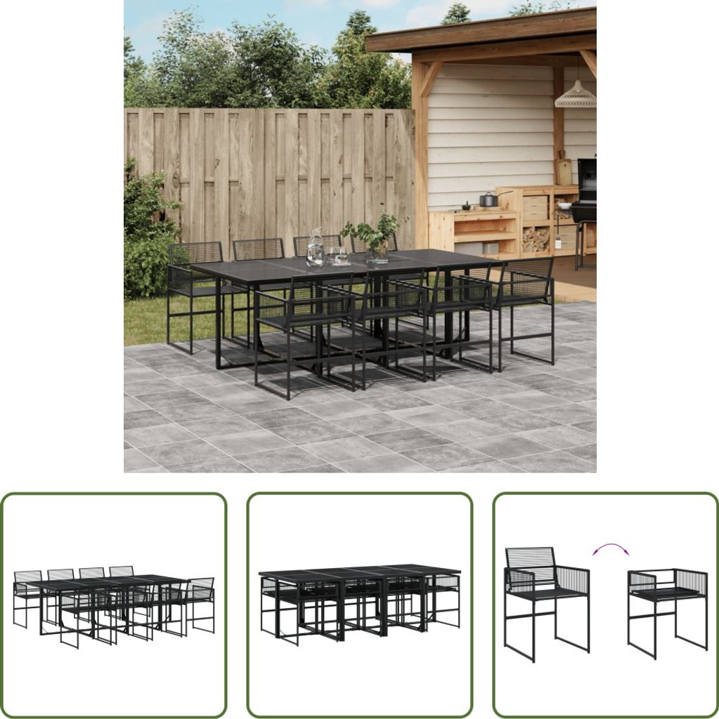 The Living Store 9-tlg. Garten-Essgruppe Schwarz Poly Rattan