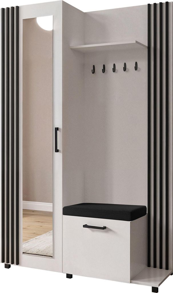 Garderoben-Set im Skandi-Stil mit Spiegel, Sitzbank, Schuhablage & Haken – Flurgarderobe 137 cm in Schwarzen Lamellen-Optik mit Ablage und Staura...