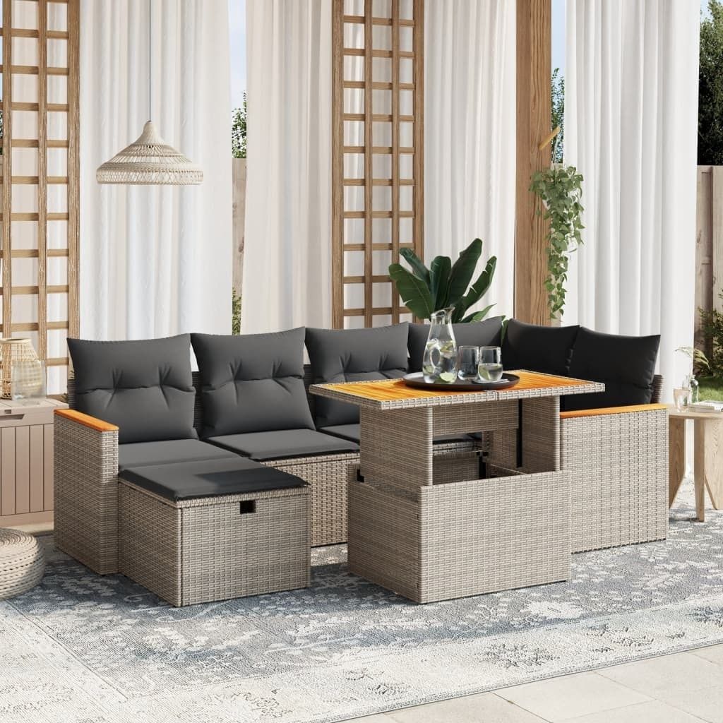 Möbel 7-tlg. Garten-Sofagarnitur mit Kissen Grau Poly Rattan - Sitzgruppe 3276042