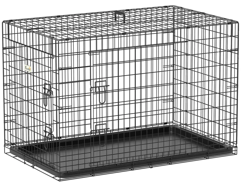 Cage chien pliable avec bac amovible, structure robuste noir métal