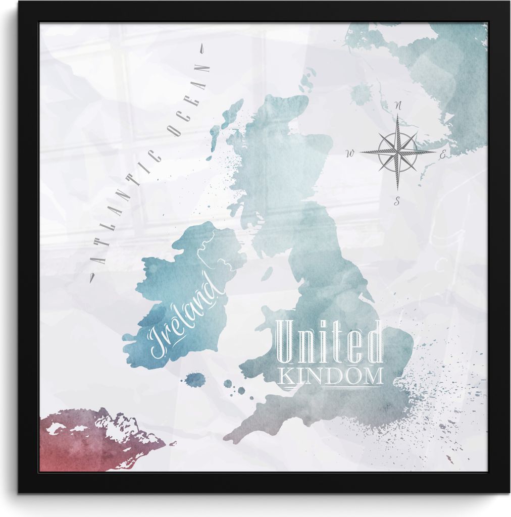 MuchoWow MuchoWow Gerahmtes Poster Aquarell - Weltkarte - England 40x40 cm - Poster mit zchwarzem Bilderrahmen - Mit Rahmen - Wanddekoration Sc...