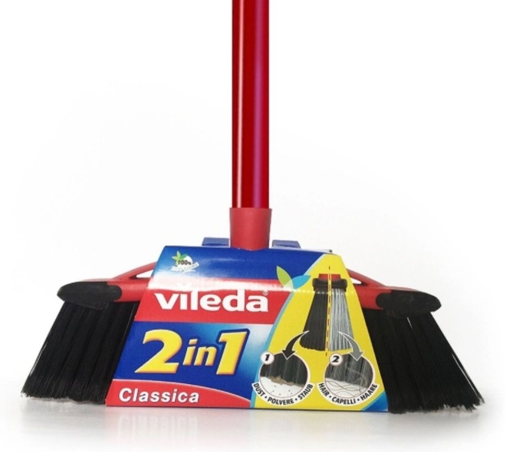 A Vileda broom with its packaging.