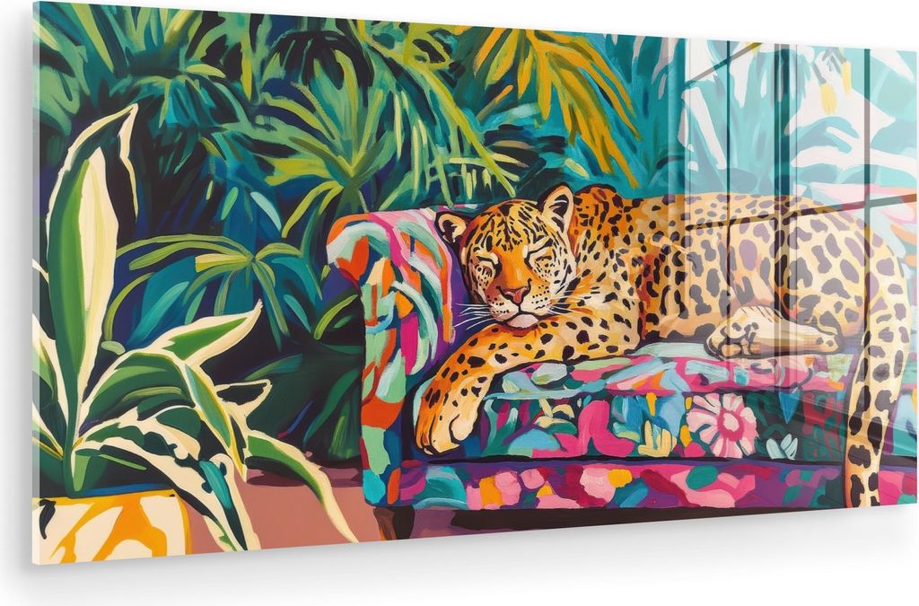 MuchoWow Glasbilder - Bilder auf Wandbild - Foto auf Glas Leopard - Bunt - Tropisch 120x60 cm Wanddekoration aus Glas - Acrylglasbild - Acrylbilder...
