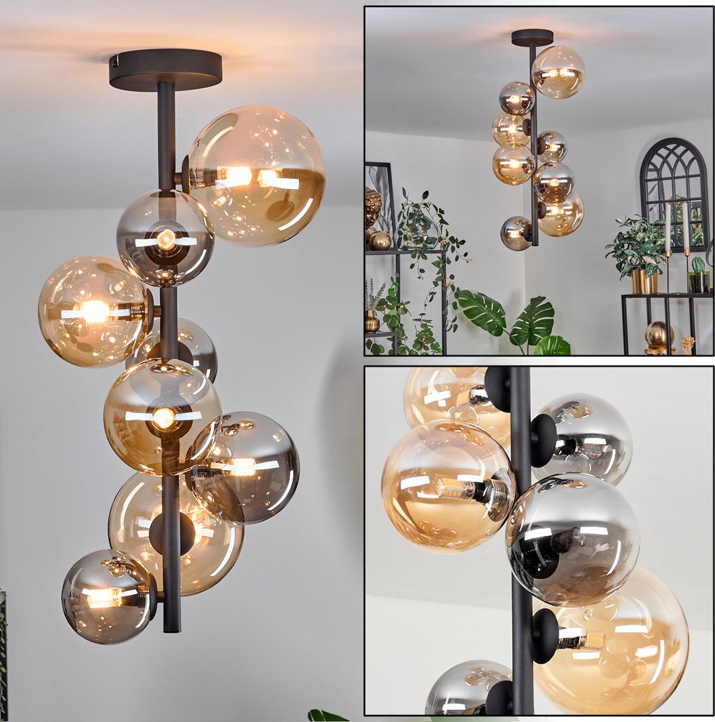 Isorella Deckenlampe aus Metall/Glas in Schwarz/Rauchfarben/Bernsteinfarben