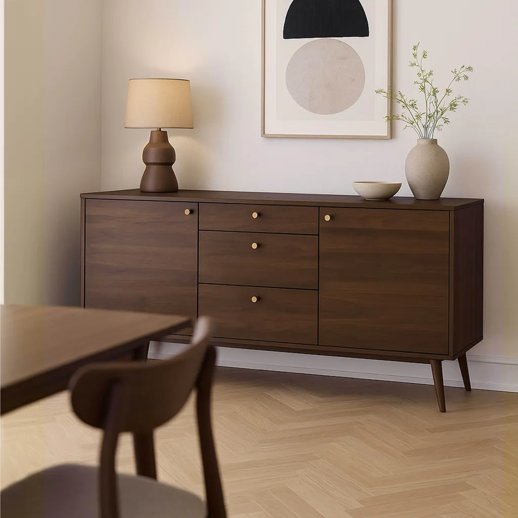 Buffet Milo Oviala bois foncé 150 cm avec 2 portes et 3 tiroirs marron