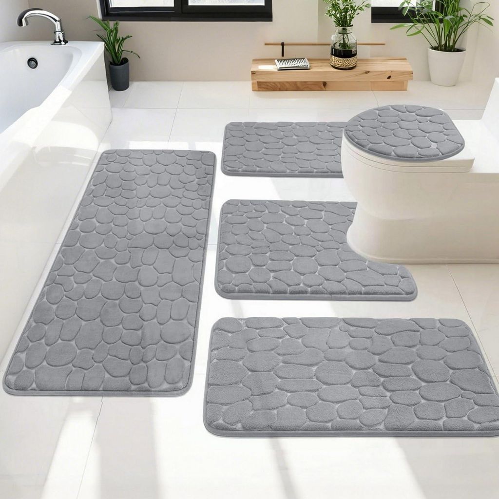 Badezimmermatten-Set, 5-teilig, weiche Badematte und U-förmige WC-Matte, rutschfest und waschbar, grau