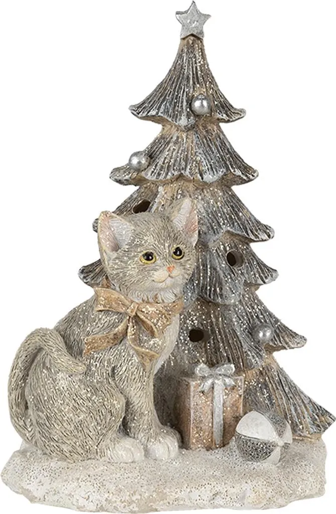 Figurine chat LED 12x9x16 cm en plastique gris blanc - Design Clayre Eef