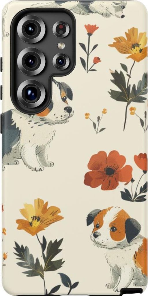 Niedliche Welpen und Blumenmuster – Hülle Kompatibel mit Samsung Galaxy S25 Ultra