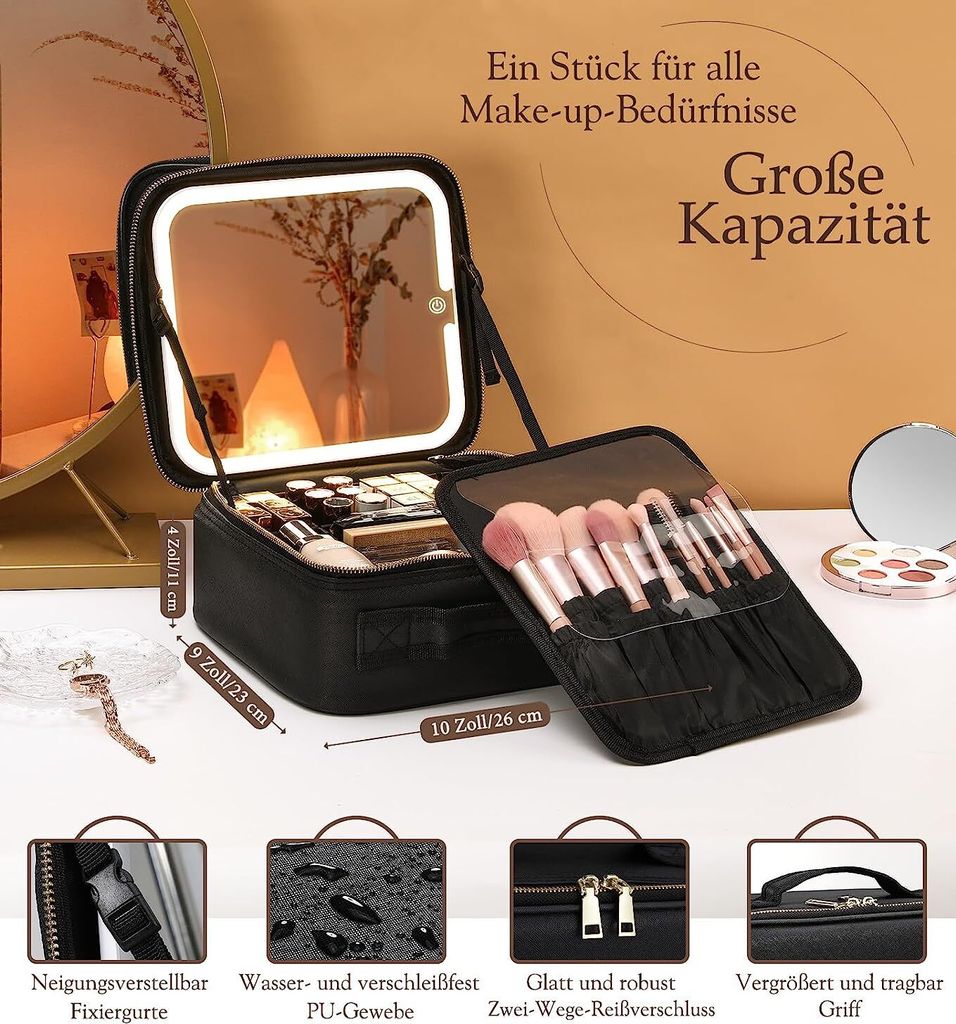 Vegena Make-Up-Aufbewahrungsbox Mit Beleuchtetem LED-Spiegel – Kosmetikkoffer Mit Touch-Steuerung & 3 Farben