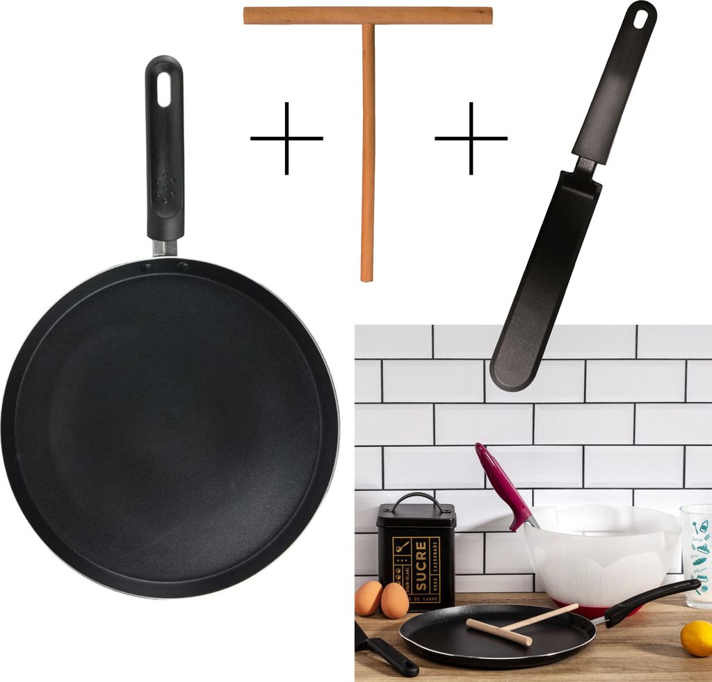 Pfannkuchenpfanne ø 28 cm – inklusive Teigverteiler und Spatel aus Holz – Induktionstest – Crêpes-Pfanne – Pfannenset – -frei – Schwarz