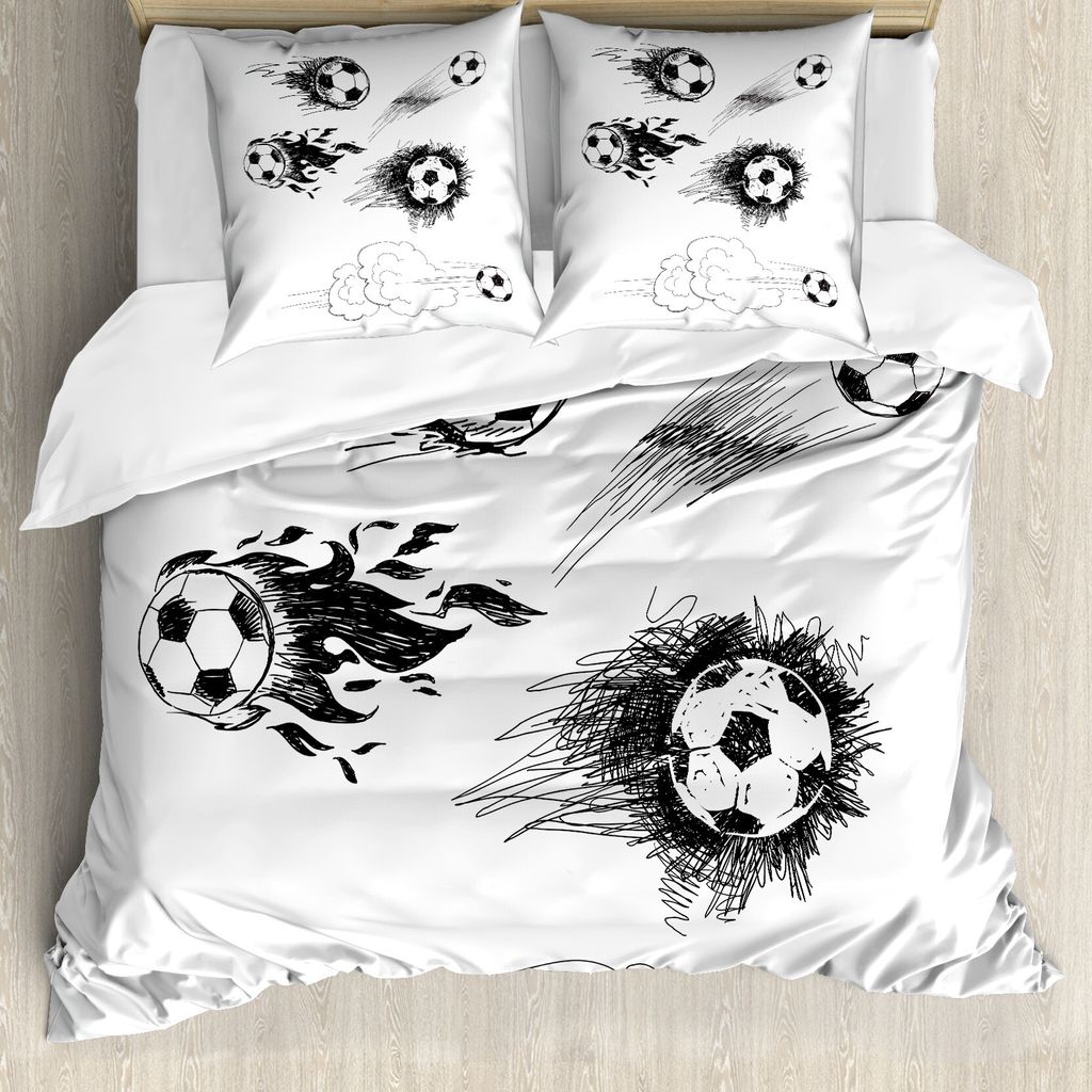 ABAKUHAUS Fußball Bettbezug, Fußball in Flammen, Milbensicher Allergiker geeignet mit Kissenbezügen, 200 cm x 200 cm - 80 x 80 cm, Schwarz-Weiss