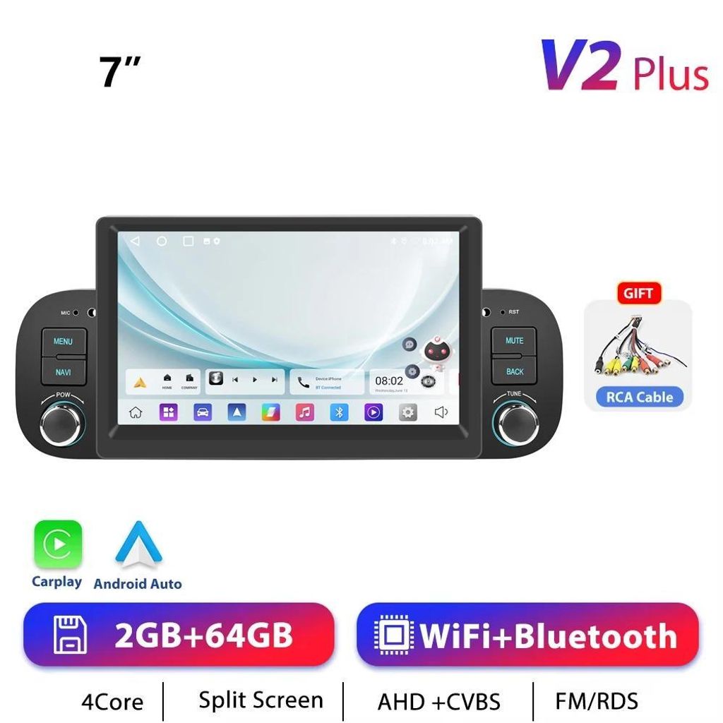 Fiat Panda 2013–2020 - 1-DIN Android CarPlay Autoradio - 17,8 cm Touchscreen - Android 13 - GPS - RDS/FM - 2+64 GB