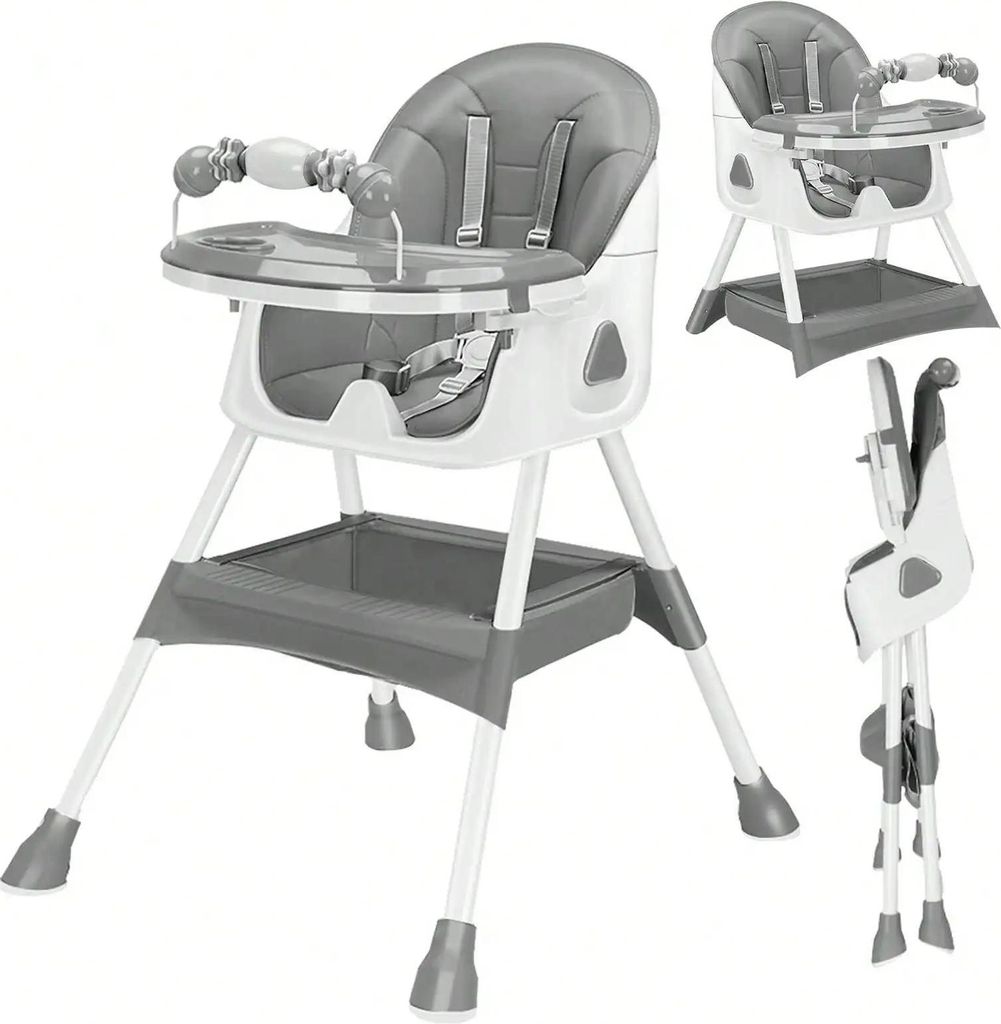 3-in-1 Baby Hochstuhl - Kinderhochstuhl E500 - Faltbar - Verstellbar - Abnehmbares Doppel-Tablett - 5-Punkt-Gurt - Fußstütze und Räder - Grau