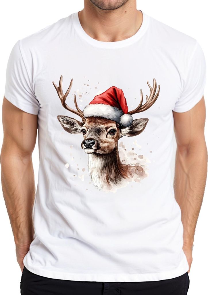 Rentier Geweih Santa Weihnachten Aquarell Spritzer Geschenk Herren T-Shirt, Weiß, L