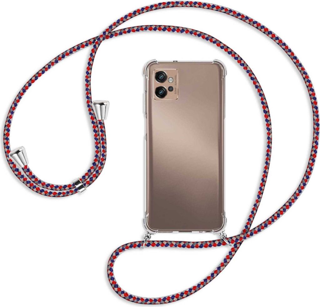 Handykette Backcover-Schutzhülle mit Band (Metall silberfarben) für Motorola Moto G32 (6.5'') - silber/blau/rot