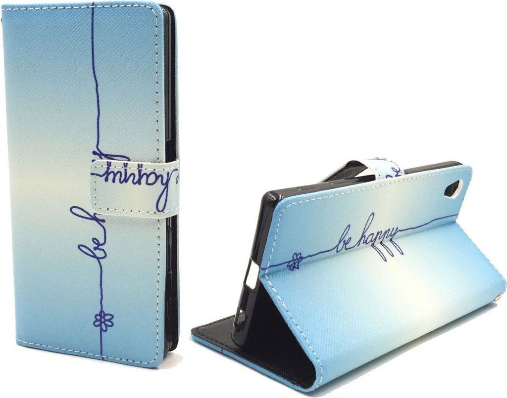 Handyhülle Tasche für Handy Sony Xperia Z5 Premium Schriftzug Be Happy Blau