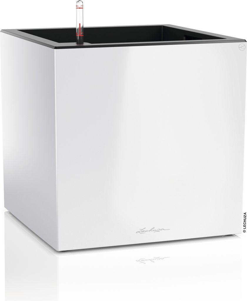 LECHUZA-Pflanzgefäß CANTO Premium 40 Low Weiß Hochglanz | Pflanzgefäß mit Bewässerungssystem | Hochglanz-Oberfläche | 40 x 40 x 40 cm | 13750