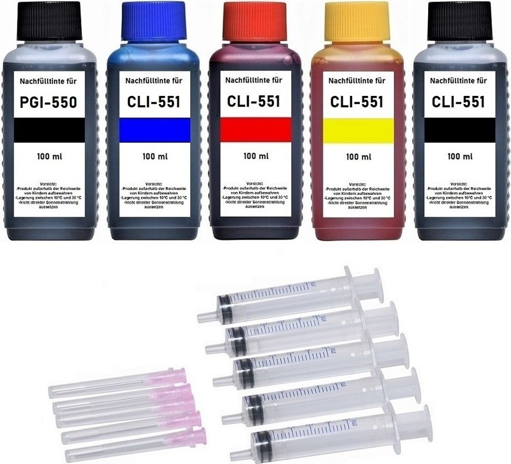 Nachfüllset Druckertinte für Canon PGI-550 und CLI-551 Druckerpatronen - 500 ml Nachfülltinte für IP7240 IP7250 IP5720 IP8750 IX6820 IX6850 MG5...