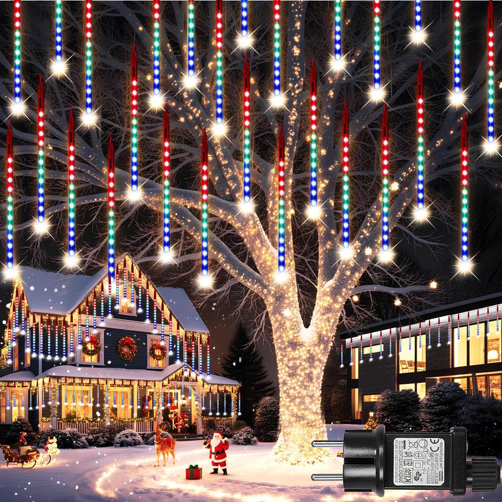 2.4M 192 LED Eiszapfen Lichterkette 30cm 8 Tubes Meteorschauer Lichter Weihnachtsbeleuchtung Weihnachten Party Hochzeit Dachkante Innen Deko Bunt