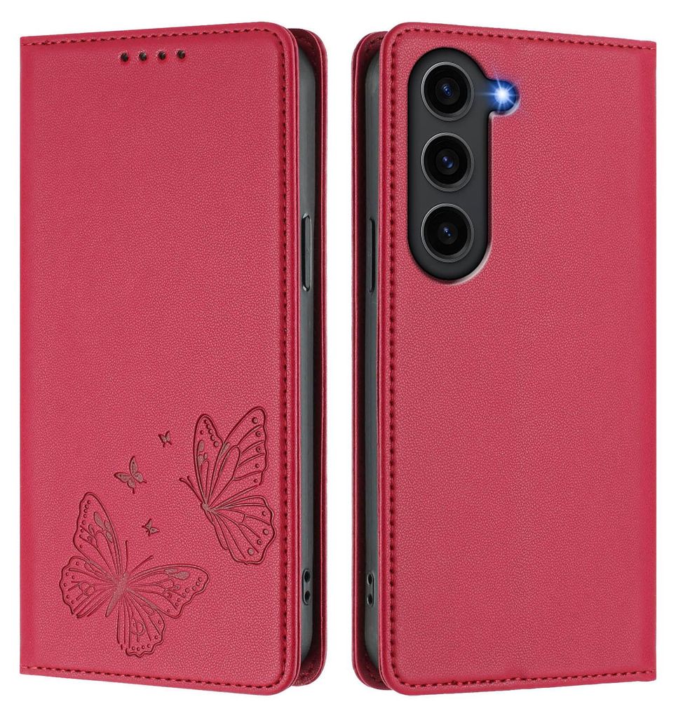 Lederhülle für Samsung Galaxy S23 FE, Schmetterling Prägung Leder Brieftasche Schutzhülle mit Ständer Rot