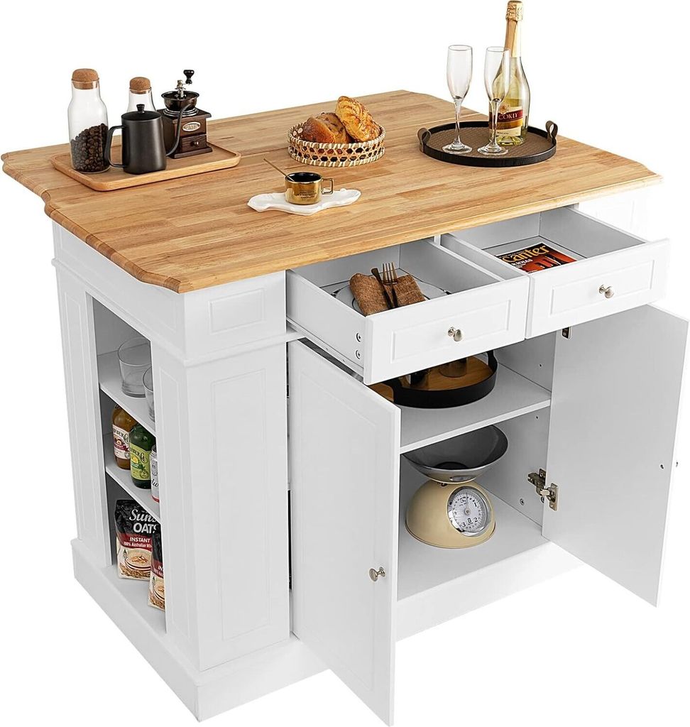 KOMFOTTEU Kücheninsel mit Ausziehbarer Arbeitsplatte, Küchenschrank Holz mit Schubladen Seitenregalen & 2 Türschranke, 120x61x92cm (Weiß)