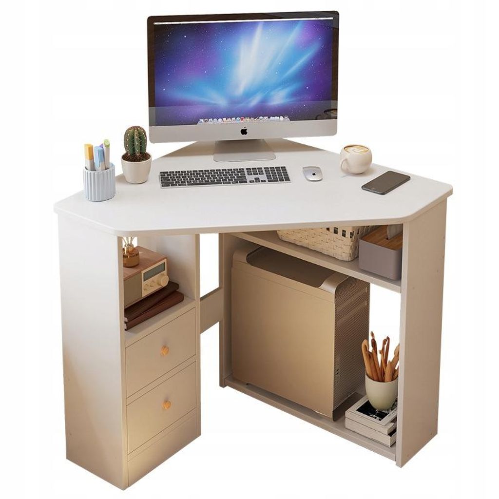 Triangular corner computer desk with shelves, modern white loft style, 80x75
