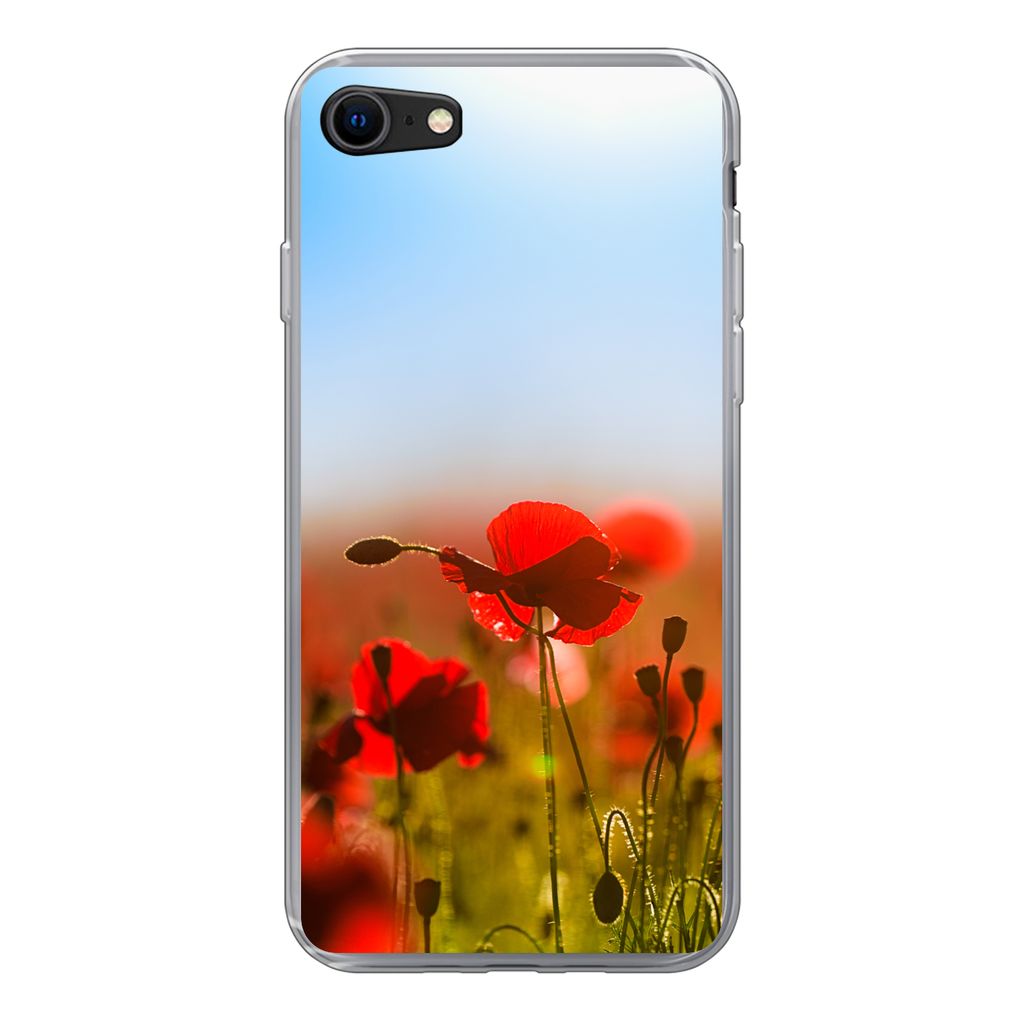 MuchoWow Handyhülle Schutzhülle Hülle für iPhone 7 Mohnblumen unter einem klaren blauen Himmel. Silikon Softcase Handy Hülle - Kartenhalter