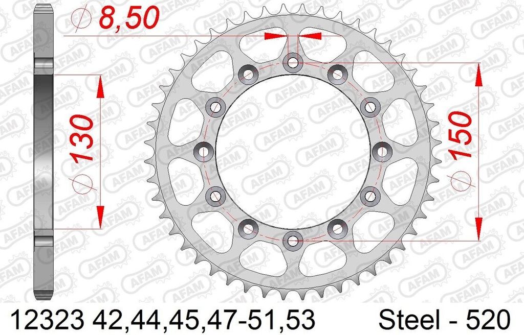 Stahl-Kettenrad AFAM 520 - 51Z (Silber) 12323-51| ID 130 LK 150 6-Loch