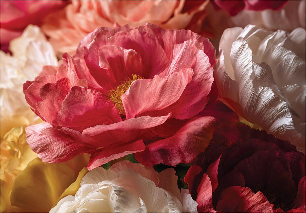 Fototapete Blumen Pfingstrosen Natur - 350x250 cm - Vliestapete Wohnzimmer Schlafzimmer - Vlies Fototapete Rot - 16276VX7