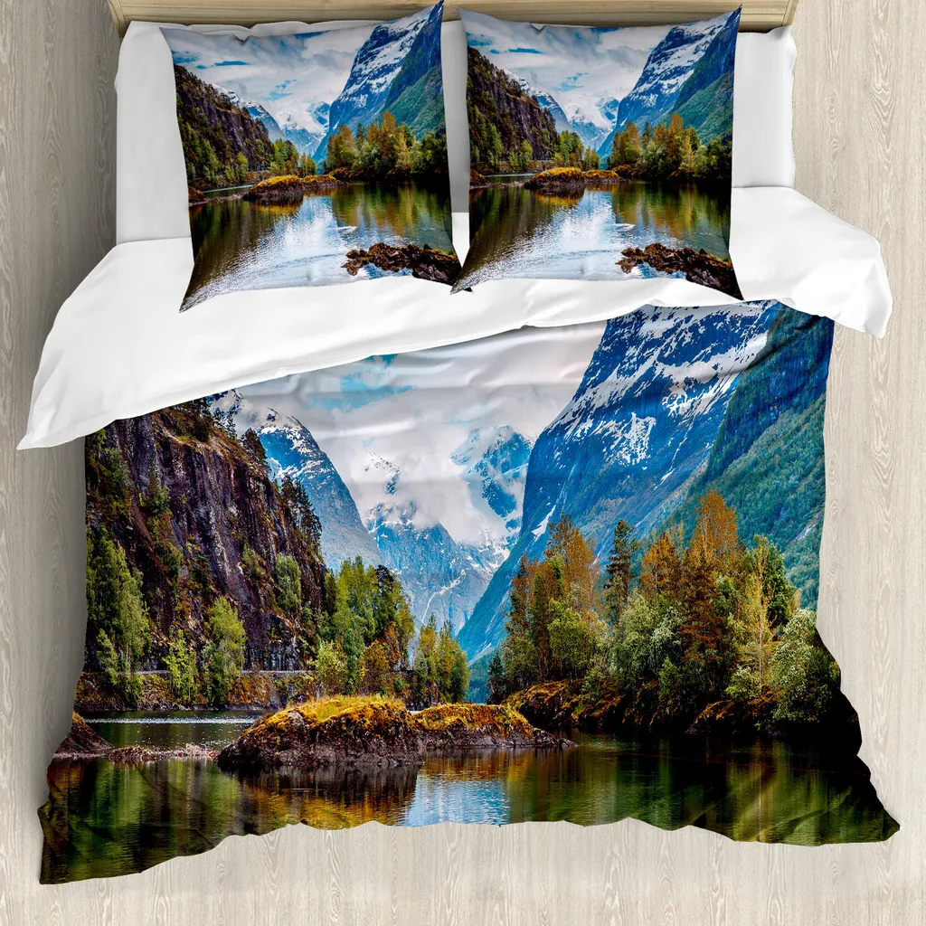 ABAKUHAUS Copripiumino naturale, Snowy Mountains Norvegia, antiacaro, adatto a chi soffre di allergie, con federe, 200 cm x 200 cm - 80 x 80 cm, multicolore