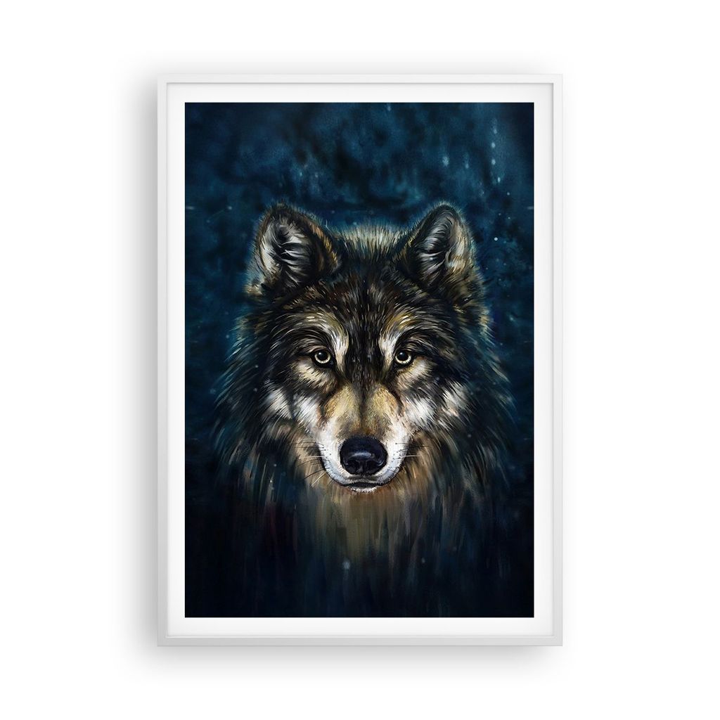 Gerahmtes Poster - Weißer Rahmen - Wolf Dunkel Grafik - 70x100 cm - Wand Bild - Wanddeko - Wandbilder - Kunstposter - Wandposter - Bilderrahmen - ...