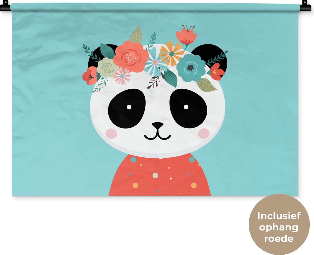 MuchoWow Wandteppich Wandbehang Panda - Blumengirlande - Blau 90x60 cm Tapisserie Dekoration Wandtuch - Wandskulpturen - Bildteppich
