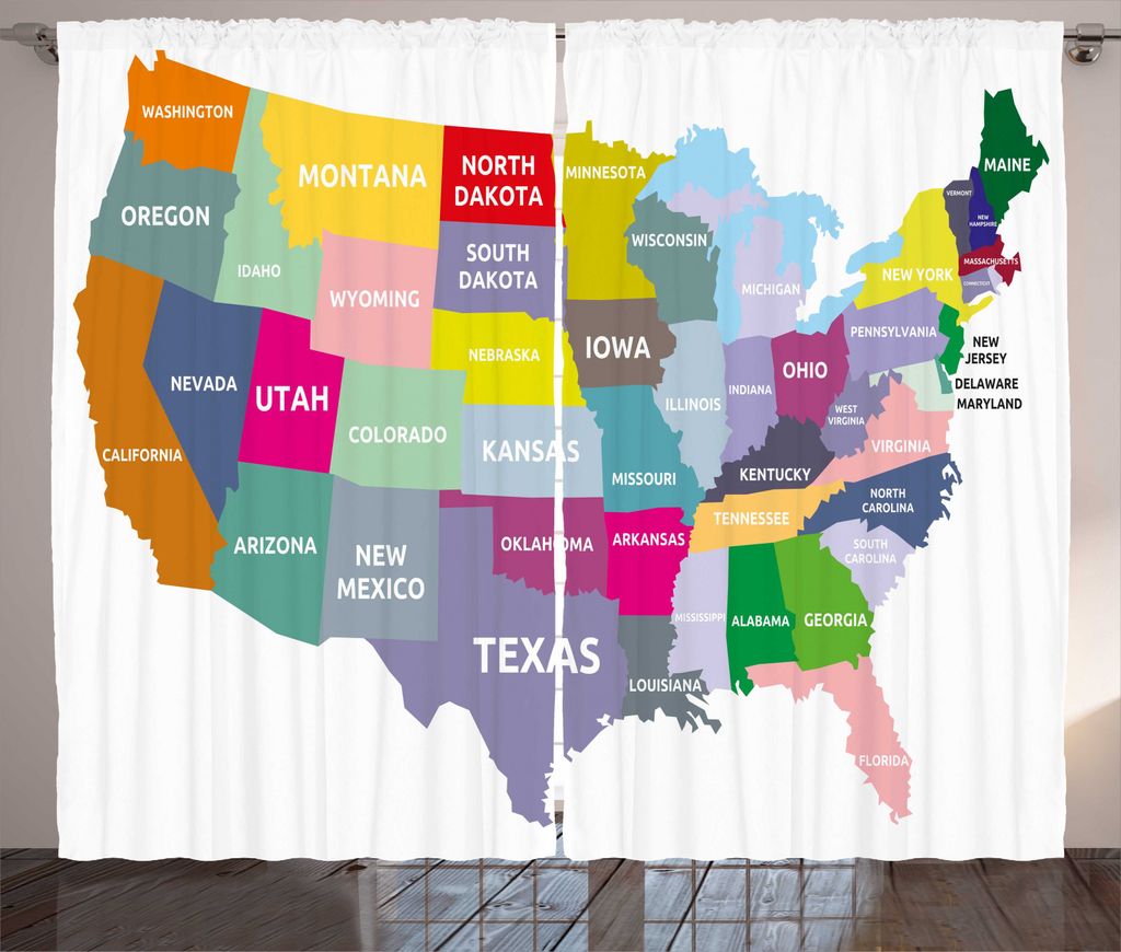 ABAKUHAUS Karte Rustikaler Vorhang, USA Karte Bunte Staaten, Wohnzimmer Universalband Gardinen mit Schlaufen und Haken, 280 x 245 cm, Mehrfarbig