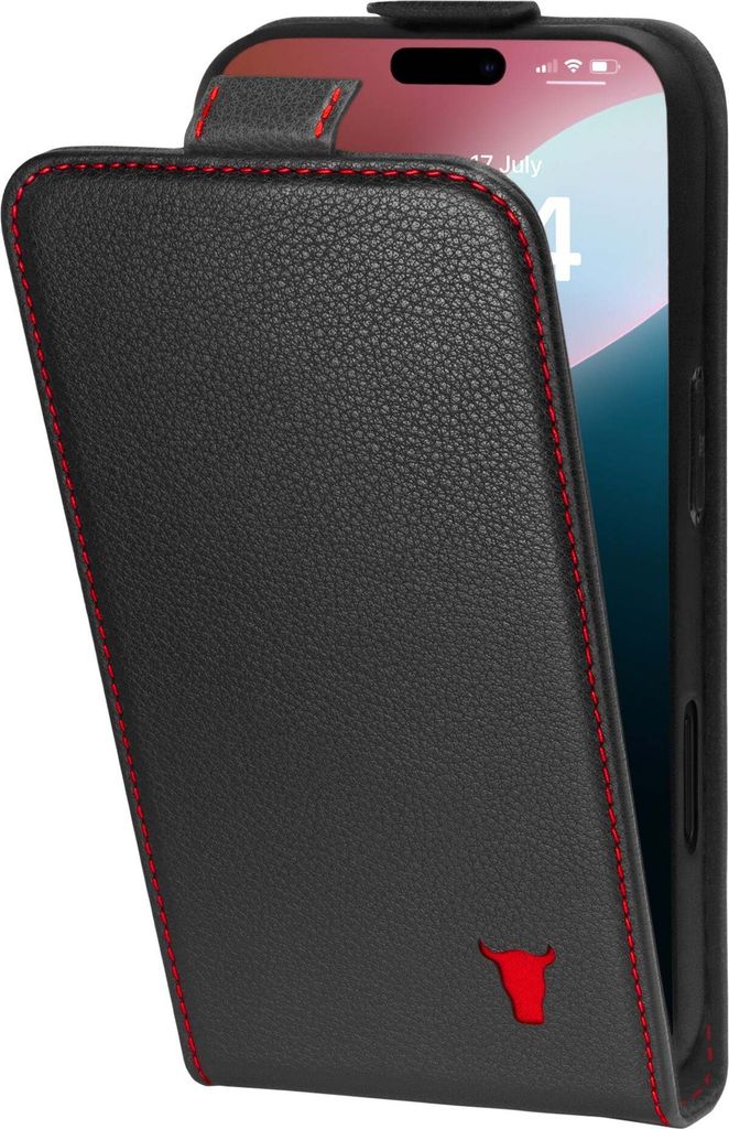 TORRO iPhone 16 Leder Flip Hülle (MagSafe Laden) – Schwarz mit Rotem Detail