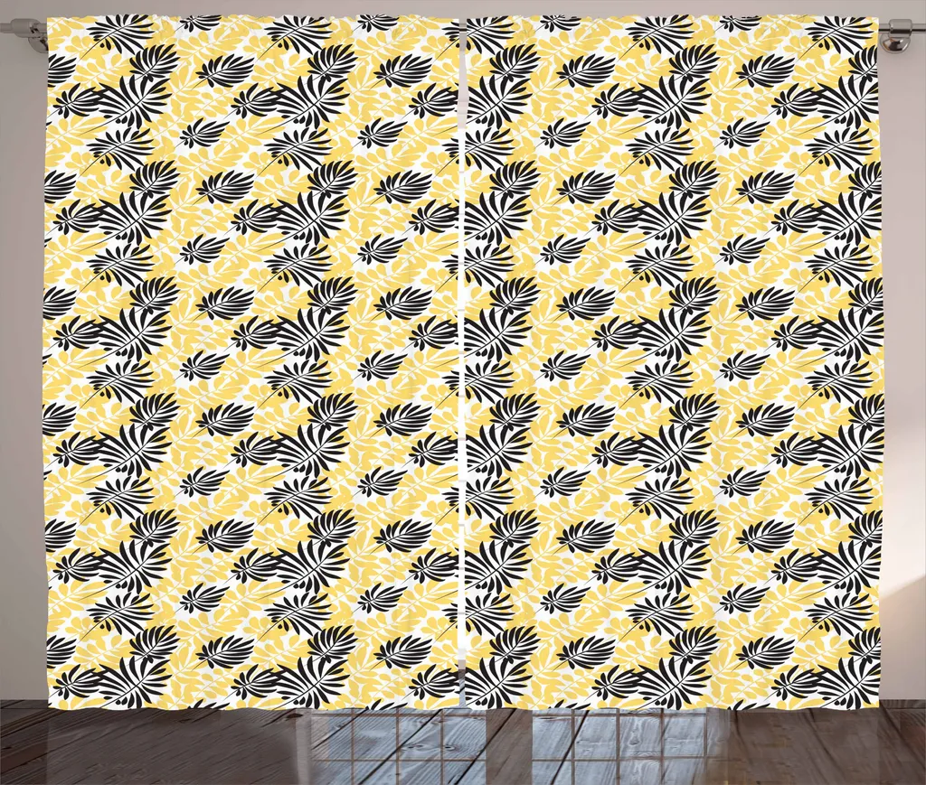 ABAKUHAUS Giallo e nero Tenda rustica, motivo a foglie, soggiorno Tenda universale con passanti e ganci, 280 x 175 cm, giallo e nero