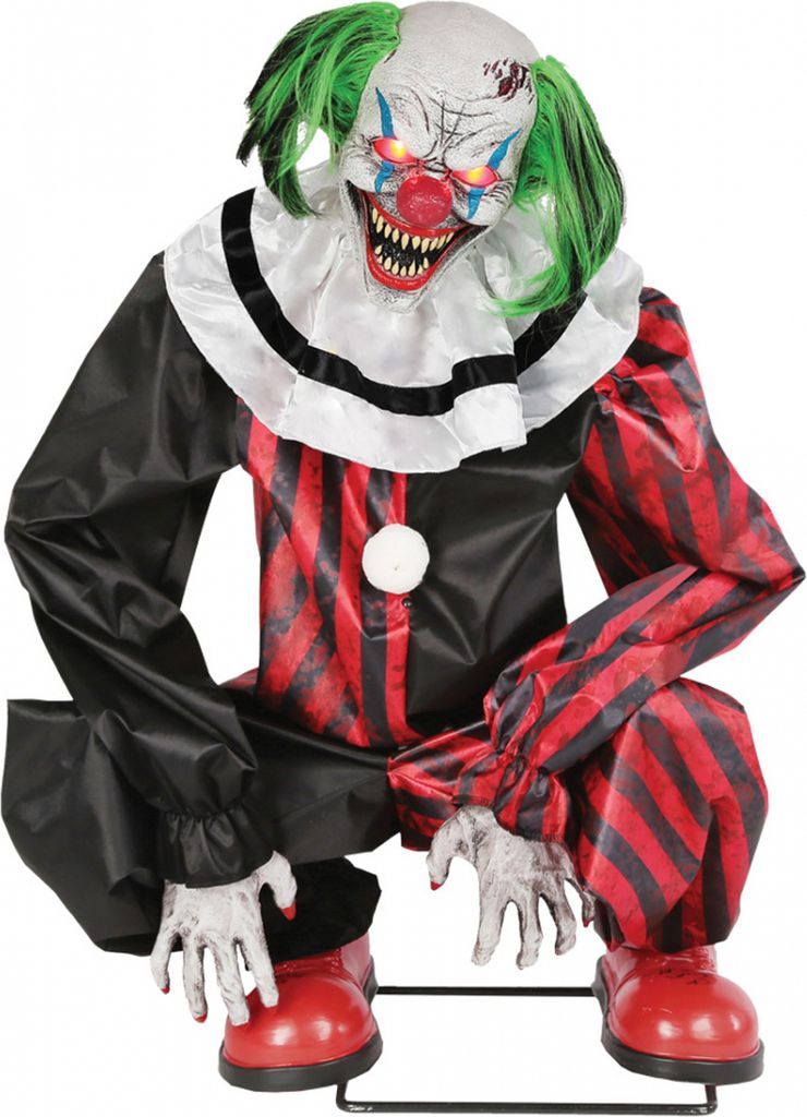 Hockender Horror Clown Animatronic mit Bewegung und Sound als Halloween Dekoration