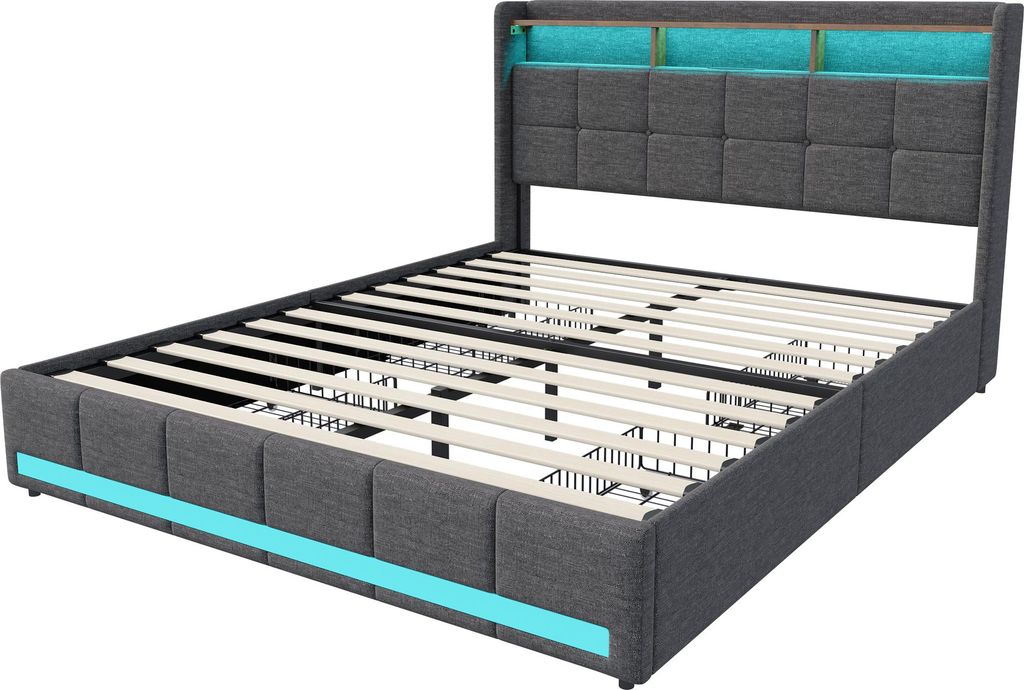 Gepolstertes Doppelbett 160 x 200 cm mit Schubladen, Produktbild 
