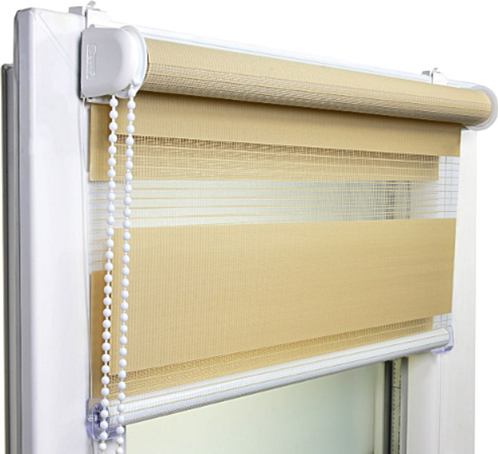Voppi Doppelrollo ohne Bohren 130x150 cm Beige, Tag und Produktbild 