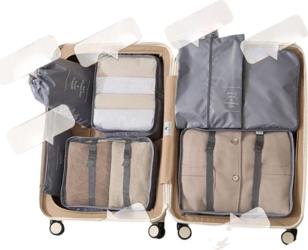 INF 7-teiliges Reise-Toilettenartikel & Kosmetik Organizer Set - Packwürfel Dunkelgrau