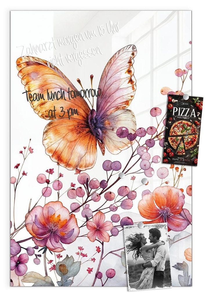 Magnettafel 60x90cm Pinnwand Whiteboard beschreibbar - Blumen und Schmetterlinge