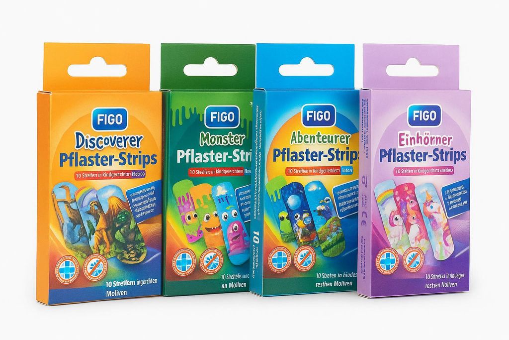 Figo Kinder Pflaster-Strips – Dinosaurier, Monster, Abenteuer & Einhörner | wasserfest, hautfreundlich, atmungsaktiv (4er Set)
