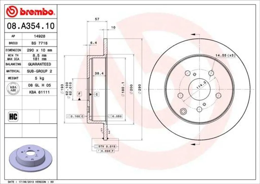 Disque de Frein Arrière Brembo 08.A354.10 pour Toyota Corolla Verso
