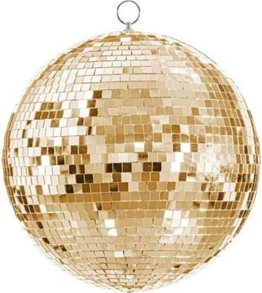 A gold disco ball hanging against a white background.