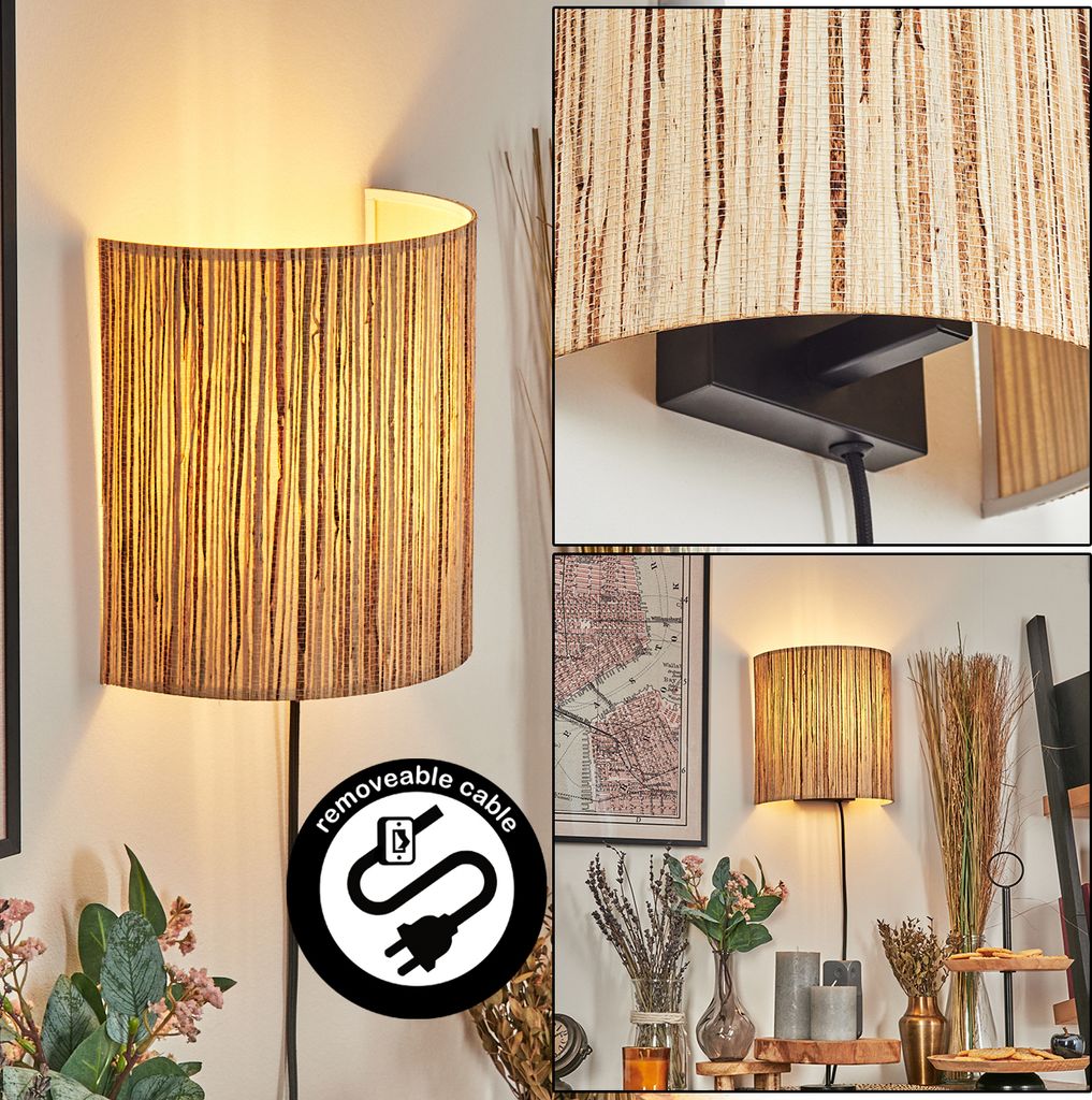 Iseo Wandlampe aus Metall/Seegras in Schwarz/Natur